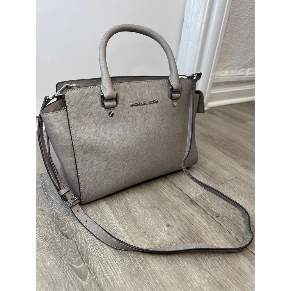 Light Gray Saffiano Leather Satchel Crossbody Handbag Structured Tote Purse